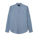 Springfield Camisa Overdye LS De Popelín con Cuello Mao, Azul Ahumado,