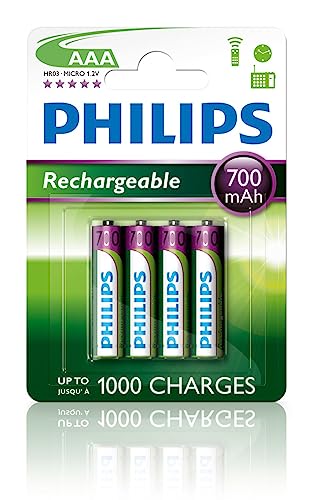 Philips R03B4A70/10 – Pack de 4 Pilas Recargables – NiMh, AAA Pilas