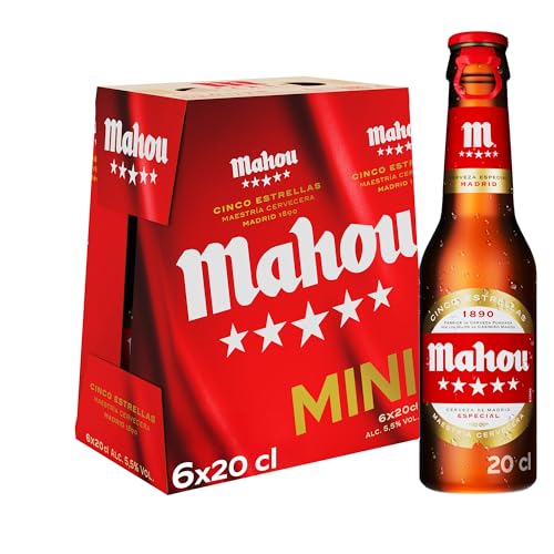Mahou 5 Estrellas, Pack de 6 Botellas x 20 cl, Cerveza Especial Dorada