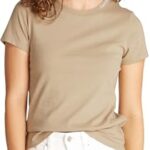 Calvin Klein Camiseta de Manga Corta Mujer Logo Neckline Slim Fit, Bei