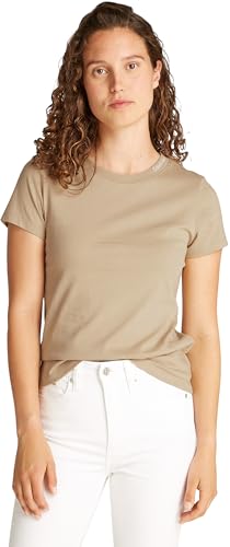 Calvin Klein Camiseta de Manga Corta Mujer Logo Neckline Slim Fit, Bei