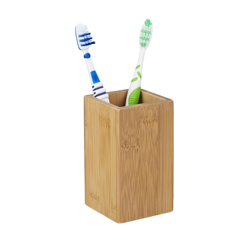 Relaxdays Vaso Cuadrado para cepillos de Dientes, diseño Natural, bamb